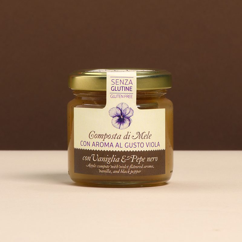 Composta di mele con aroma violetta, vaniglia e pepe nero